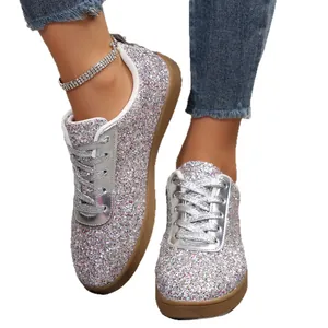 Stylish sparkling silver glitter sneakers for women with a comfortable flat sole