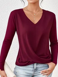 Haut Grande Taille pour Femmes Manches Longues Col en V Élégant Couleur Unie Drapé Torsadé Chemisier en Poliester Décontracté