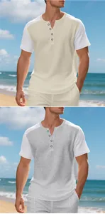 Close-up of men's waffle knit Henley short sleeve shirt set for summer beach leisure