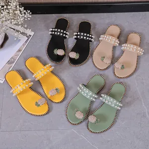 Flat sandals with pineapple rhinestone and pearls in four vibrant summer colors