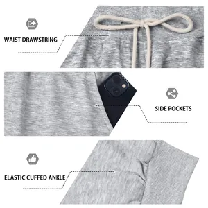 Detailed views of men's heavy grey joggers featuring drawstring and cuffed ankles
