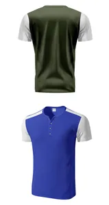 Close-up of men's American style color block waffle knit Henley short sleeve shirt