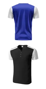 Front and back detail of men's color-block waffle knit Henley shirt with buttons