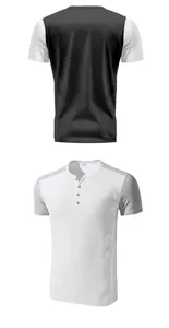 Detail view of men's short-sleeved waffle-knit Henley shirt with patchwork design.