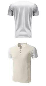 Detailed front and back views of a cream waffle knit Henley shirt with white sleeves