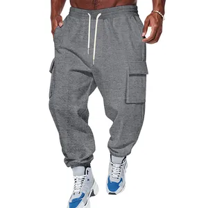 Heavyweight grey men's cargo pants with multi-pockets and elastic drawstring waist detail