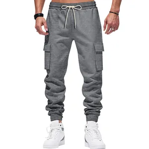 Detailed view of men's gray heavy cargo sweatpants with multi-pocket design features