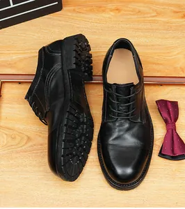 Close-up of vintage black horsehide Derby shoes with Goodyear welted thick treaded soles