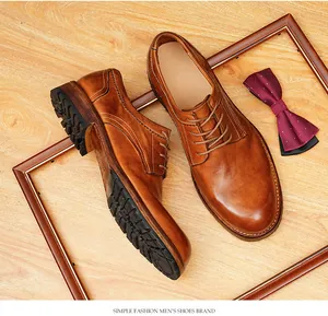 Detailed view of vintage brown horsehide leather Derby shoes with Goodyear welted soles