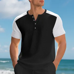 Close-up of color-block waffle knit Henley T-shirt for casual summer beach wear