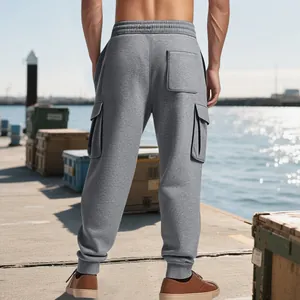 Back view of grey heavyweight cargo sweatpants with multi-pocket detail