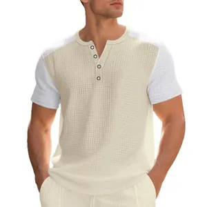 Men's oversize waffle knit Henley t-shirt with patchwork design for summer casual beach wear