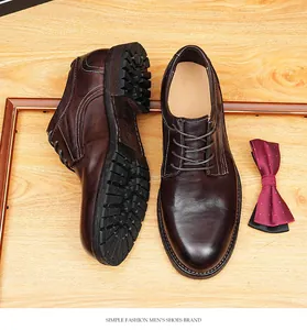 High-detail close-up of dark brown washed leather derby shoes with classic lug sole design.