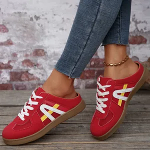 Sabot rossi da donna, scarpe da ginnastica casual senza schienale con lacets bianchi