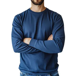 Detail view of navy blue long-sleeved T-shirt for men featuring ribbed cuffs and crewneck