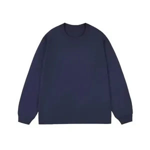 Front view of a plain navy blue long-sleeved t-shirt with a ribbed crew neck