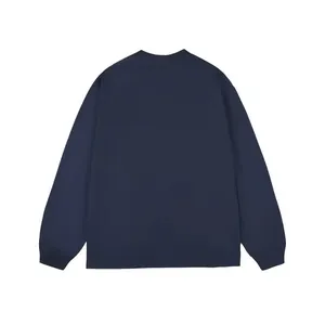 Detailed back view of a minimalist men's navy blue pure cotton long-sleeve T-shirt