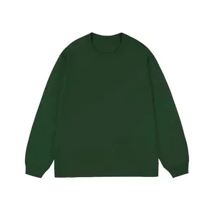 High-quality detail of a dark green crew neck long sleeve cotton t-shirt with ribbed cuffs
