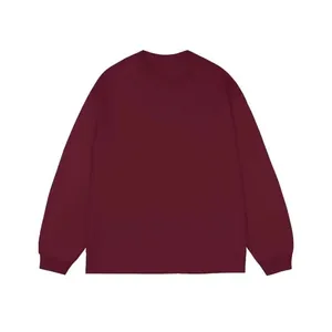 Detail view of burgundy cotton long-sleeve T-shirt featuring a crewneck and ribbed cuffs