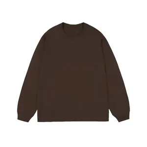 High-quality dark brown crewneck long-sleeve T-shirt with ribbed cuffs