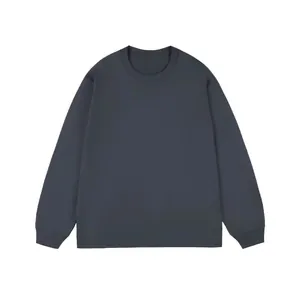 Detailed view of a plain charcoal grey cotton long sleeve T-shirt with ribbed cuffs