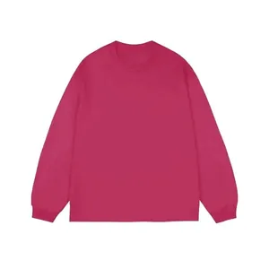 Full view of a bright magenta pure cotton long sleeve crewneck T-shirt with ribbed cuffs