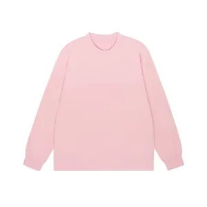 Men's pink long sleeve pure cotton T-shirt with ribbed cuffs and round neck