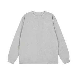 Detail view of a light grey 100% cotton long-sleeve T-shirt with ribbed cuffs and round neck