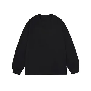 Close-up of a plain black long-sleeved crewneck cotton T-shirt with ribbed cuffs