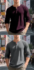Detailed view of men's heavyweight waffle knit Henley shirt in burgundy and grey