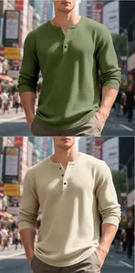 Men's heavyweight waffle knit long sleeve Henley shirt with textured button placket