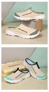 Macro view of breathable casual slip-on mules shown in beige, grey and turquoise colors.