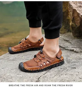 Sandalias de exterior transpirables de cuero y malla para hombre, senderismo y playa