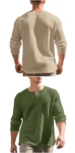 Detail of men's heavyweight waffle knit Henley shirt in olive and tan colors
