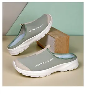 Lightweight breathable sage green slip-on clogs with white soft sole and sports logo