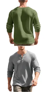 Front and back views showing texture of men's vintage waffle knit Henley long sleeve shirt