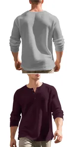 Premium men's heavy waffle knit Henley long sleeve shirt in grey and burgundy colors