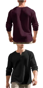 Close-up detail view of men's heavyweight waffle knit Henley shirt in burgundy and black