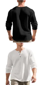 Detailed view of white and black waffle knit Henley long sleeve t-shirts for men