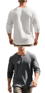 Macro view of waffle knit Henley shirt showing front and back texture details.