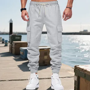 Mens heavy fleece cargo jogger pants in light grey with functional multi-pocket design