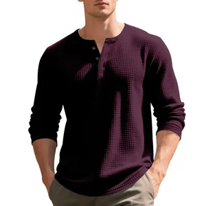 Men's premium heavyweight waffle knit Henley long sleeve shirt in deep burgundy wine