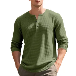 Men's olive green waffle knit Henley long-sleeve shirt featuring a jacquard square pattern