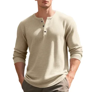 Men's heavy waffle knit Henley long sleeve shirt in cream white American vintage style