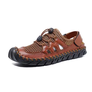 Sandalias de exterior transpirables de cuero y malla para hombre para playa y ocio
