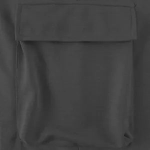Close-up detail of a large cargo pocket on gray heavyweight men's sweatpants