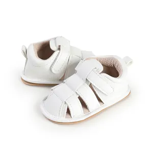 White breathable synthetic leather baby sandals for newborn toddlers and pre-walkers