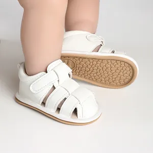 White breathable baby sandals with soft non-slip sole for newborn infant pre-walkers