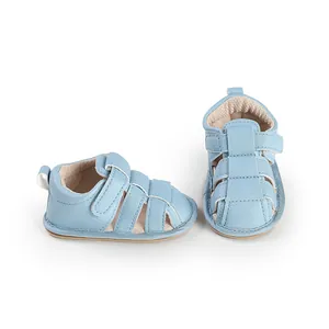 Soft light blue baby sandals with breathable cutout design for newborn infant first steps