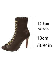 Detailed dimensions of brown peep-toe lace-up jazz dance heels with a 10cm high heel